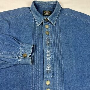 OS Trachten Mens German Oktoberfest Button Up Shirt Large Denim Long Sleeve B8
